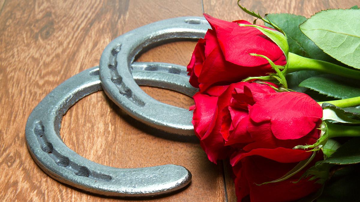 Article Cards Featured Image Kentucky Derby Red Roses with Horseshoes on Wood