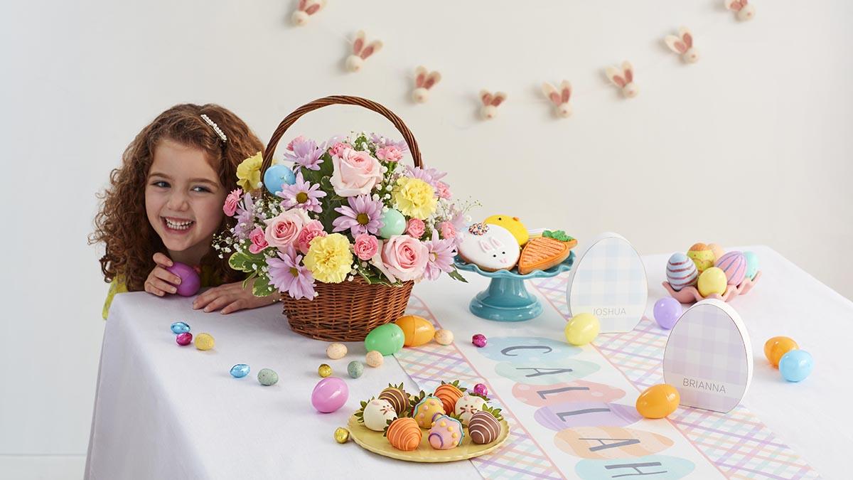 easter egg hunt with girl hiding behind easter flower basket