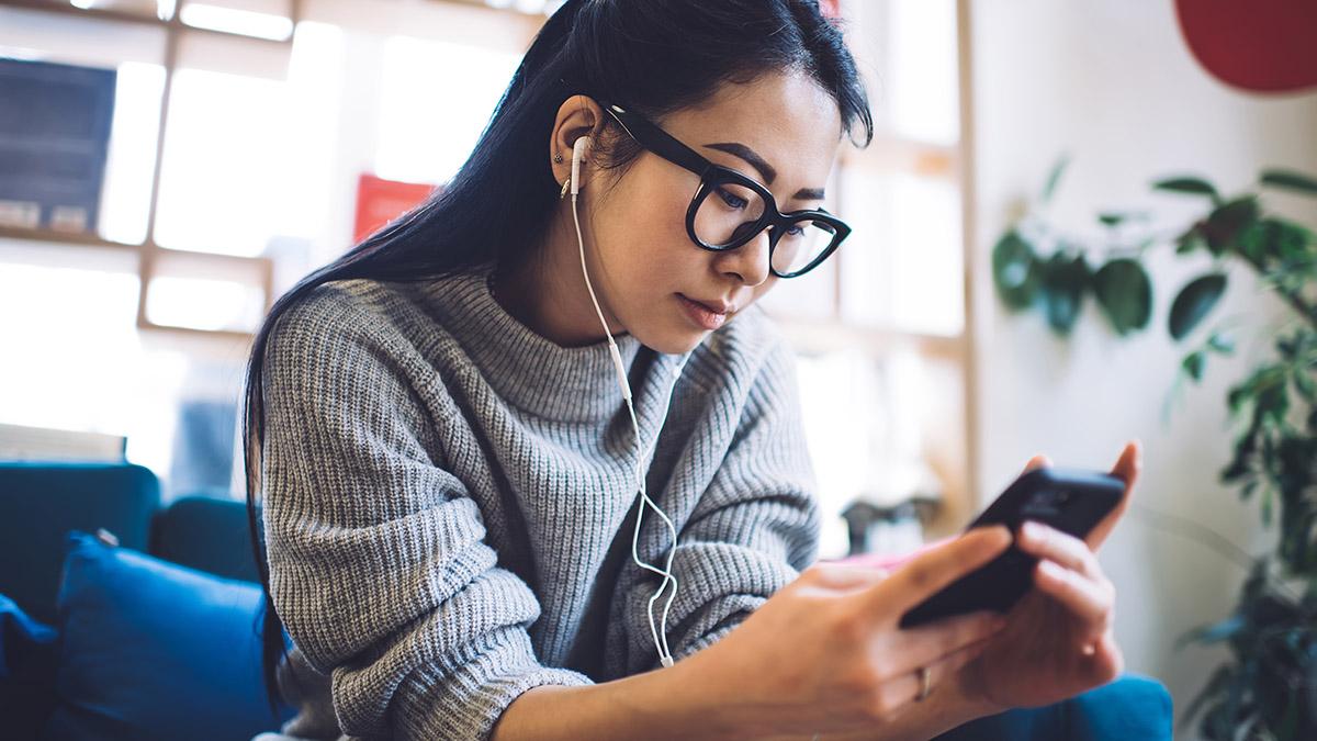 storytelling with woman listening to podcast