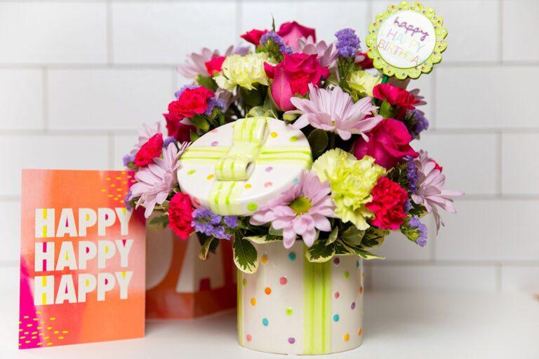 Happy Birthday card with flowers on a counter